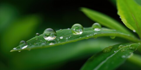 Close-up of water droplets on vibrant green leaf with blurred background