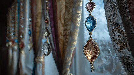 Elegant curtains adorned with intricate, colorful jewel pendants. The play of light and shadow enhance the opulent details