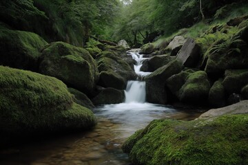 Tranquil forest stream flowing over mossy rocks in verdant woodland