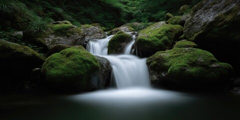 Fototapeta premium Serene forest waterfall flowing over mossy rocks in lush green wilderness