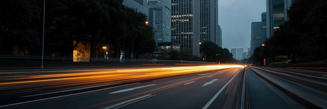 Urban nightscape with light trails in modern city center