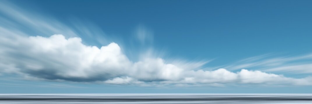 Dynamic cloud movement over calm seascape under clear blue sky