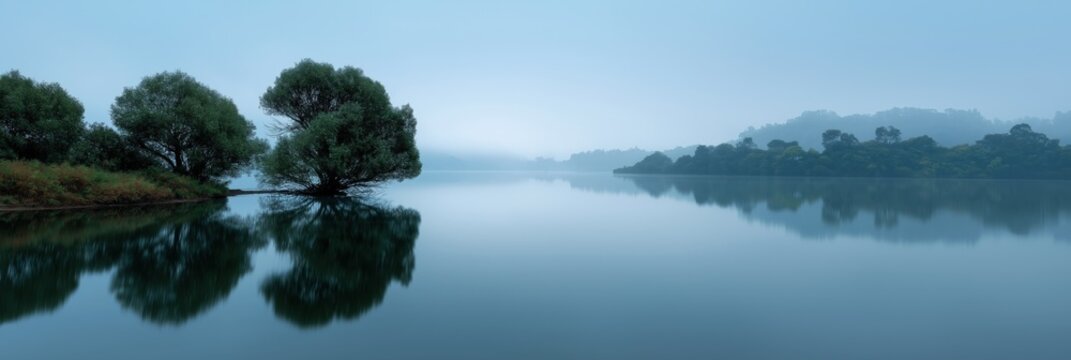 Tranquil misty lake with reflective waters and lush green trees