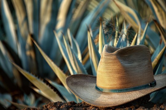 Cowboy hat resting on a rock in an agave field symbolizing tequila production