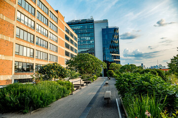 Benched walkway in High Line Park. Sunny elevated trail lined with benches in Chelsea district.