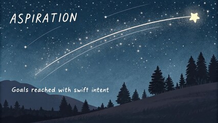 A solitary shooting star arcs across a vast starlit night sky above a serene forest landscape.