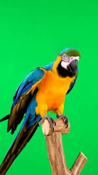 Colorful macaw parrot with outstretched wings perched on a wooden branch against green background