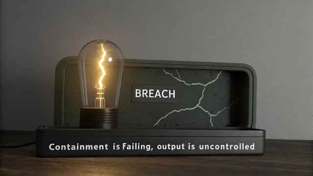 A single pulsating lightbulb with a 'Breach' warning symbol and cracked surface, representing system failure and uncontrolled energy.