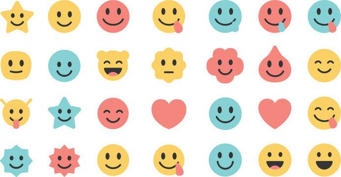 Collection of flat design cartoon smiley faces and hearts in yellow blue and coral