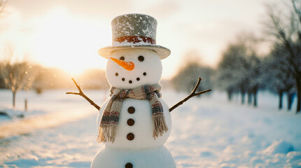 Obraz premium Joyful snowman with scarf and hat in winter sunshine