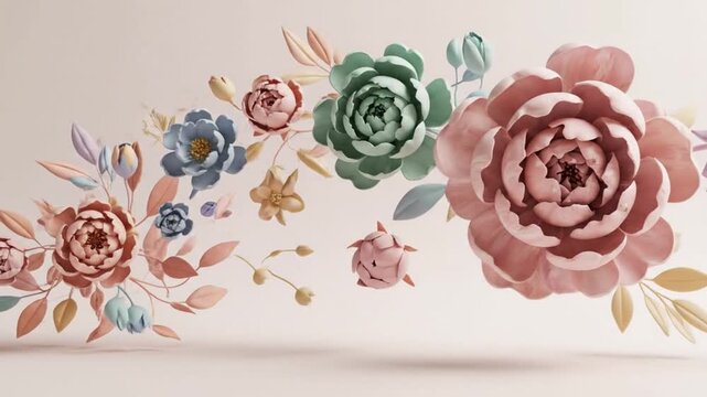 A vibrant arrangement of colorful flowers in various sizes and shapes, creating a dynamic composition