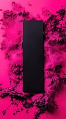 Dark vertical block emerging through swirling pink powder clouds
