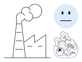 Factory emitting smoke, neutral emoticon, and bowl of vegetables highlight contrast in pollution vs. health. Ideal for sustainability, environment, health, choices, awareness lifestyle balance