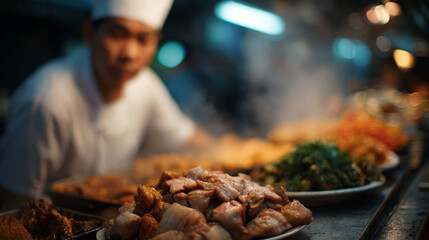 Asian street food. Asian man selling food.