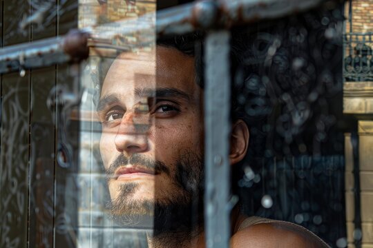 Young man looking outside a dirty window reflecting urban landscape