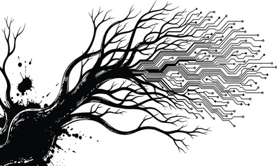 Modern technology merges with nature in abstract tree design, symbolizing growth and innovation