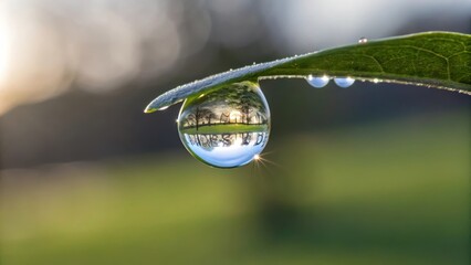 A single perfectly formed water droplet reflecting a serene landscape on a green leaf