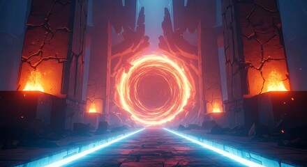 Futuristic portal gateway with neon lights and sci fi architecture