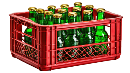 Red plastic crate filled with green glass bottles with golden caps showing beverage storage and packaging detail isolated on white background