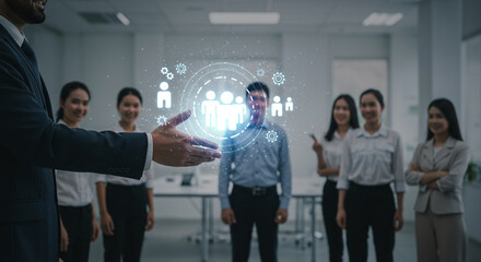 Confident leader showcases team synergy with glowing digital interface in modern professional office setting, inspiring collaboration