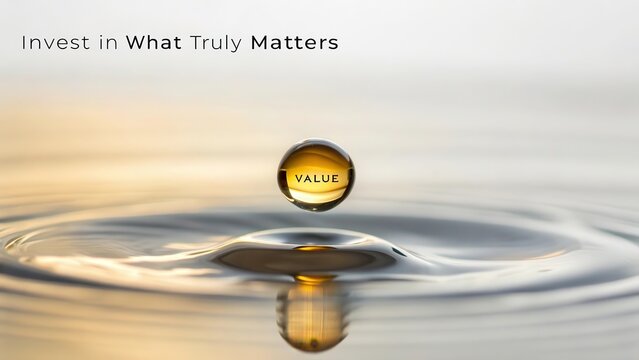 A single, perfectly spherical golden droplet reflecting the word VALUE, suspended above a rippling water surface, illuminated by soft light.