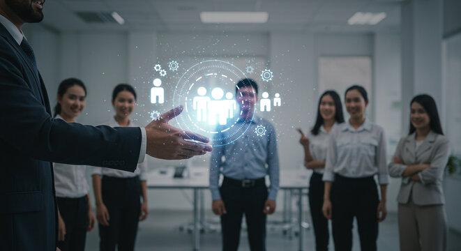 Confident leader showcases team synergy with glowing digital interface in modern professional office setting, inspiring collaboration