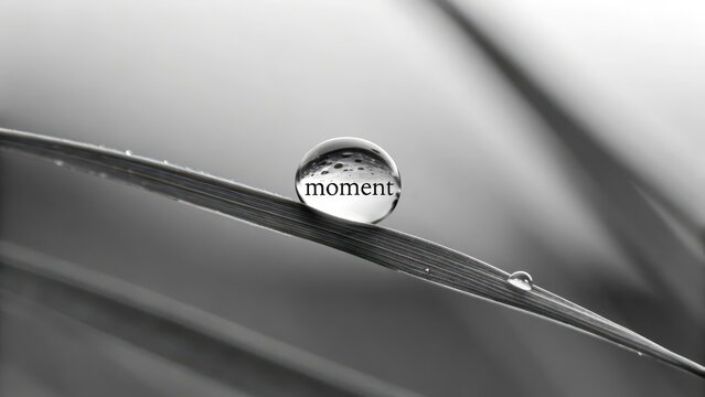 A solitary perfect dewdrop with the word moment reflected on a blade of grass, monochrome macro photography