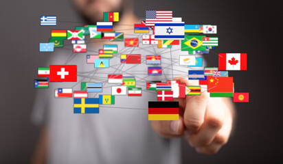 A visual representation of global connectivity through a network of flags, symbolizing international relations, digital communication, and the i