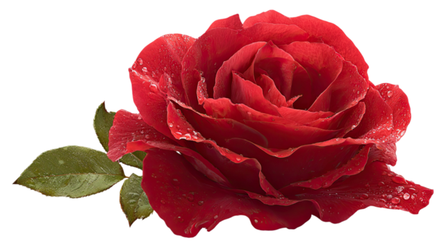 Fresh red rose flower with delicate petals and water droplets showing natural beauty and vibrant floral detail isolated on white background