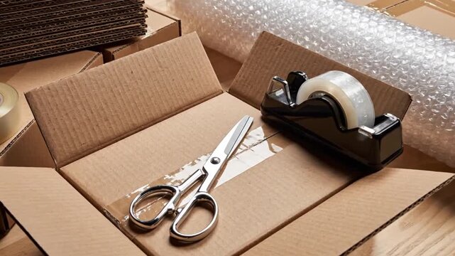 A workspace with cardboard boxes, scissors, and tape for packing items, with bubble wrap in the background