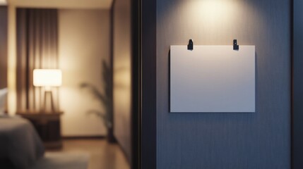 Blank paper mockup hanging on wall in soft ambient hotel room lighting