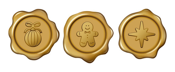 Christmas wax seal stamp. Set of golden ornament, gingerbread man, star sealing wax stamps decorative elements. Elegant vintage sign mockup for invitation, cards, tags, banner, letters or calligraphy