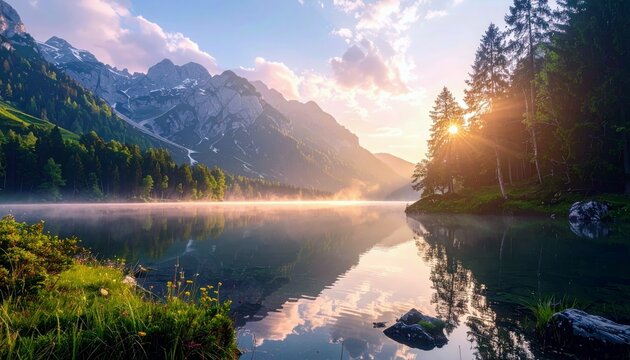 A breathtaking sunrise over a calm mountain lake, with mist gently rising from the water and sunbeams piercing through the dense forest.