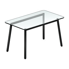 Angled shot of a rectangular dining table with a transparent glass top and black metal legs