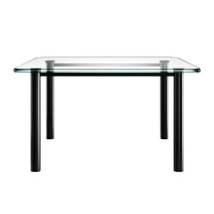 Modern glass-topped table, supported by four dark, cylindrical legs, isolated on black backdrop