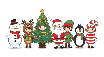 Obraz premium Colorful Christmas characters stand together happily outdoors