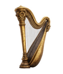 An ornate, golden harp instrument with delicate carvings and strings against a transparent backdrop