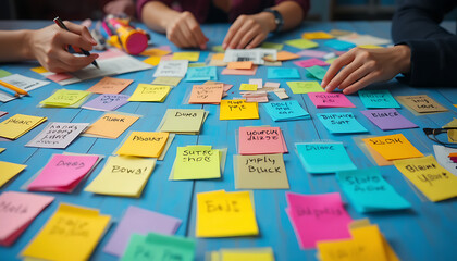 Collaborative Brainstorming: Colorful Notes on a Wooden Table