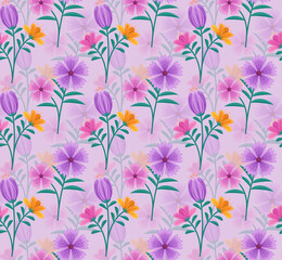 A seamless floral pattern featuring vibrant purple, pink, and orange flowers on a soft pastel blue background. This decorative botanical design has a fresh, elegant look, perfect for textiles.
