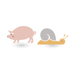 Adorable cartoon pig and snail icons on a white background, perfect for playful designs