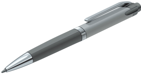 A sleek, metallic ballpoint pen with a silver clip, isolated on a solid black background