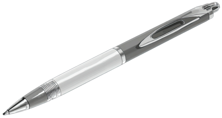 A monochrome illustration of a writing instrument, cylindrical body, tip, and accents
