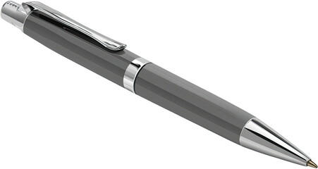 Isolated view of a sleek, metallic gray ballpoint pen with silver accents