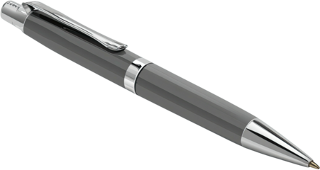 Isolated view of a sleek, metallic gray ballpoint pen with silver accents