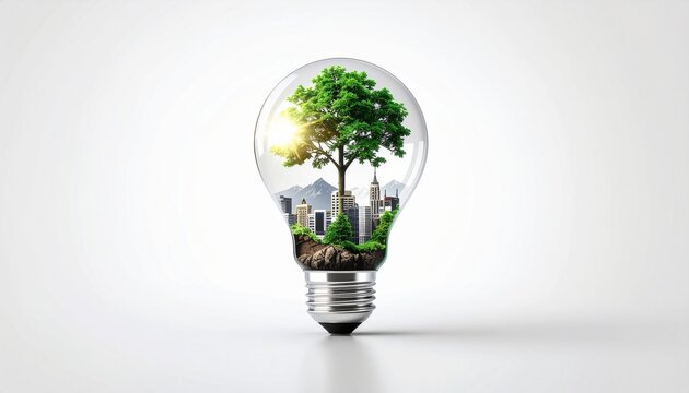 A light bulb containing a vibrant green tree, a miniature cityscape, and soil, symbolizing eco-friendly energy and sustainable urban development.