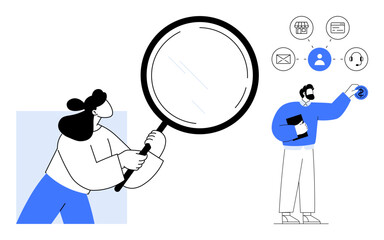 Woman holds a magnifying glass focusing on exploration while man engages with icons for email, store, user, call support. Ideal for research, analysis, communication, business, connection