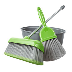 A still-life image showcasing cleaning tools on a black background brooms, and bucket