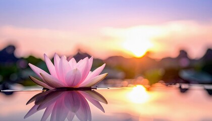 A single pink lotus flower floats gently on calm water, its reflection mirrored below, under a soft pastel sunset sky.