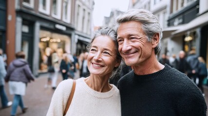 Senior couple travels through city street together. Elderly tourists explore urban destination in golden years. Mature 60+ pair walks during retirement vacation. Two people enjoy sightseeing adventure