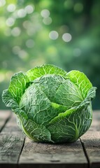 Organic whole cabbage head on wooden surface with vibrant leaves and blurred background